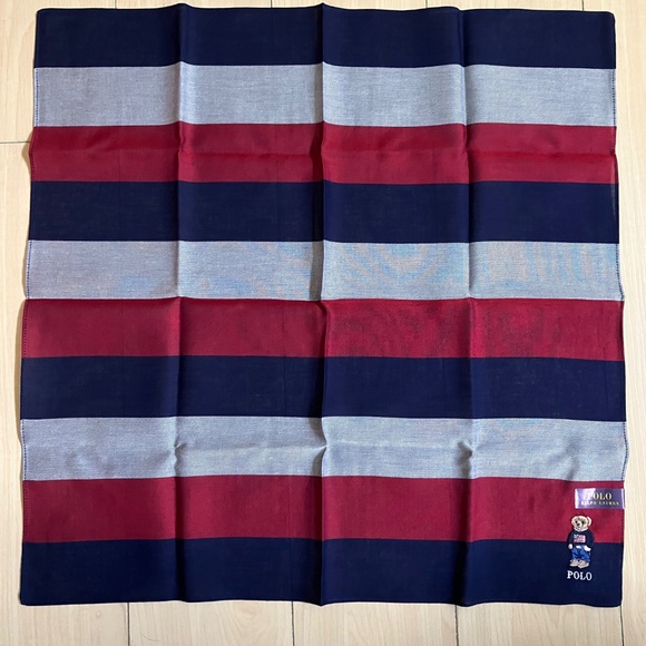 New Polo Ralph Lauren Bear Handkerchief Scarf Pocket Square Red Grey Stripes - Picture 2 of 2